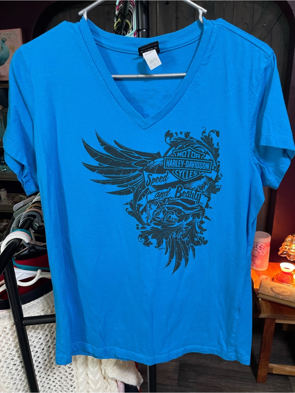 Harley-Davidson Bright Blue V-Neck Tee with Black Winged Crest